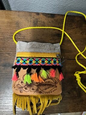 Boho Fringe Crossbody Bag with Neon Tassels - Beige